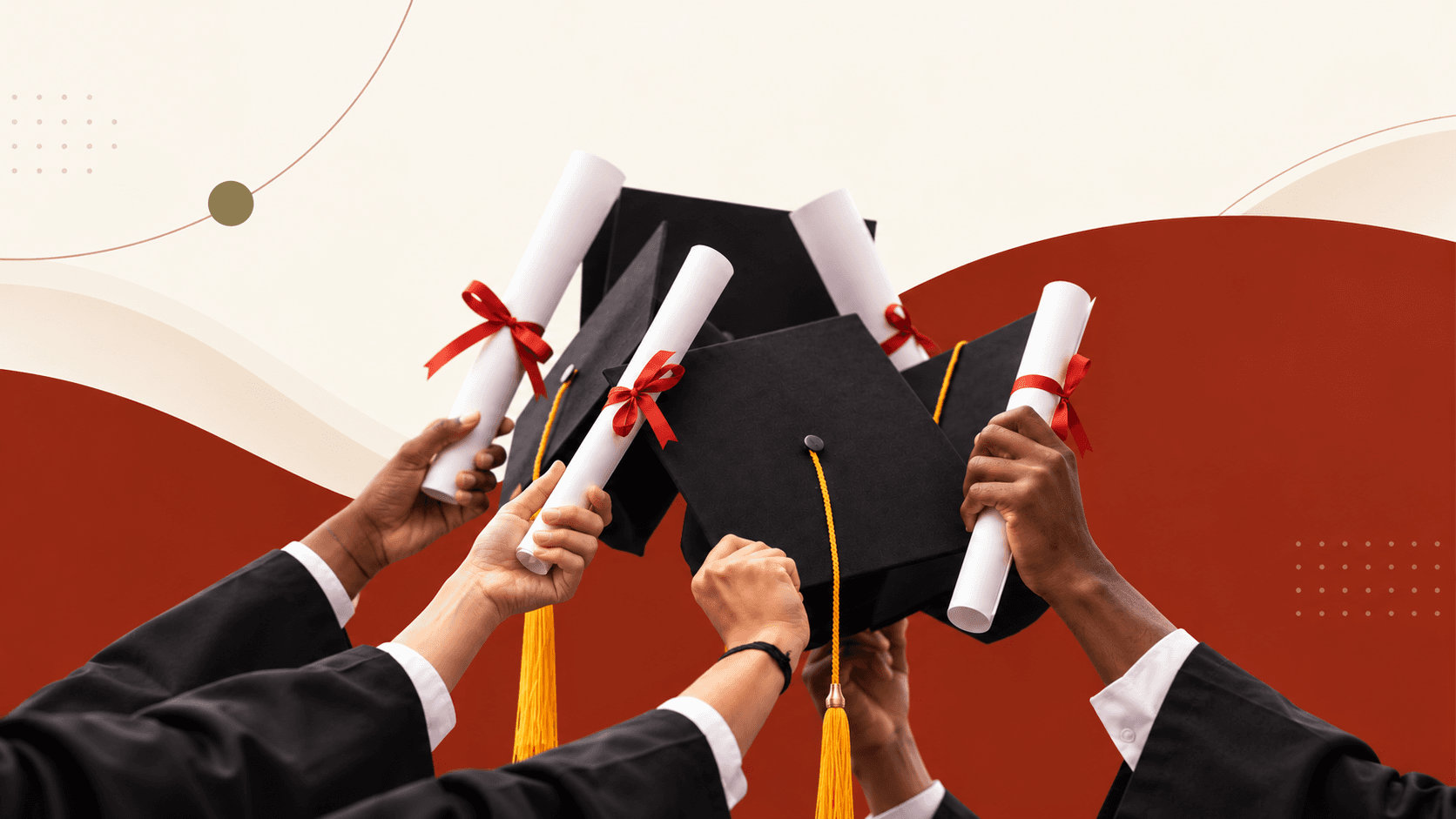 Several hands holding graduation caps and ribbon-tied diploma scrolls raised together